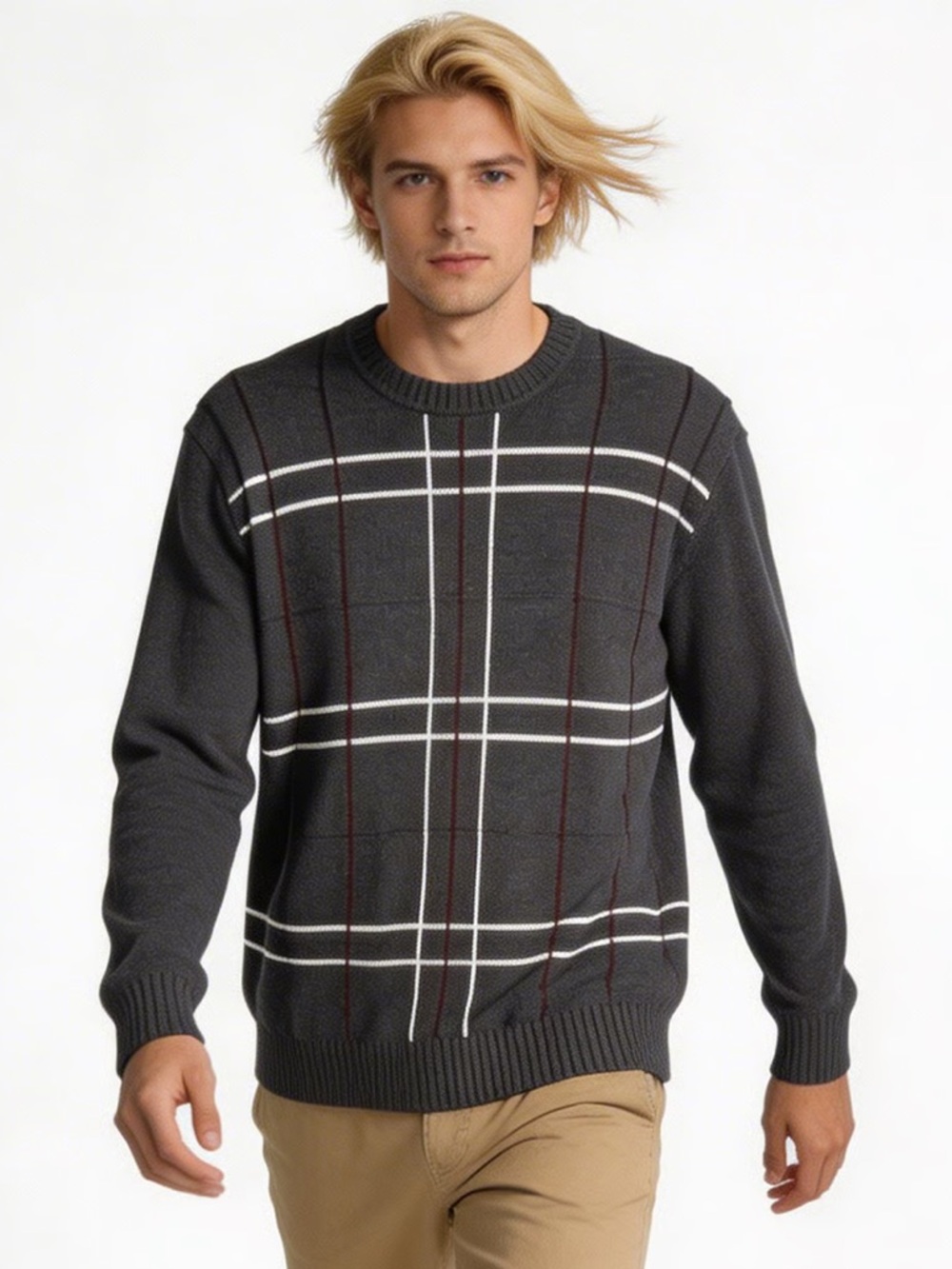 DAVID TAYLOR | Charcoal Gray Windowpane Plaid Knit Sweater Sz L